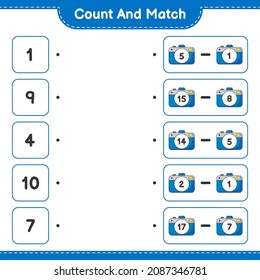 Count and match, count the number of Camera and match with the right numbers. Educational children game, printable worksheet, vector illustration