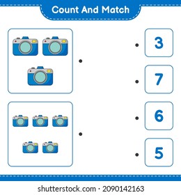 Count and match, count the number of Camera and match with the right numbers. Educational children game, printable worksheet, vector illustration