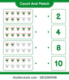 Count and match, count the number of Candy Canes with Ribbon and match with right numbers. Educational children game, printable worksheet, vector illustration