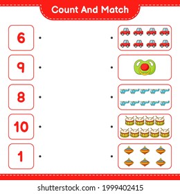 Count and match, count the number of Car, Pacifier, Helicopter, Drum, Whirligig Toy and match with the right numbers. Educational children game, printable worksheet, vector illustration