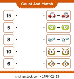 Count and match, count the number of Car, Pacifier, Helicopter, Drum, Whirligig Toy and match with the right numbers. Educational children game, printable worksheet, vector illustration