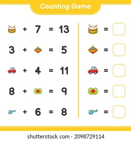 Count and match, count the number of Car, Pacifier, Helicopter, Drum, Whirligig Toy and match with the right numbers. Educational children game, printable worksheet, vector illustration