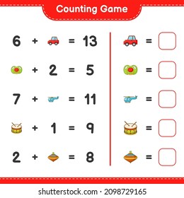 Count and match, count the number of Car, Pacifier, Helicopter, Drum, Whirligig Toy and match with the right numbers. Educational children game, printable worksheet, vector illustration