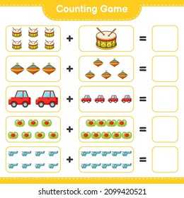Count and match, count the number of Car, Pacifier, Helicopter, Drum, Whirligig Toy and match with the right numbers. Educational children game, printable worksheet, vector illustration