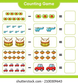 Count and match, count the number of Car, Pacifier, Helicopter, Drum, Whirligig Toy and match with the right numbers. Educational children game, printable worksheet, vector illustration
