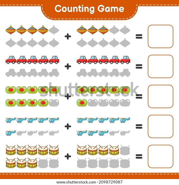 Count and match, count the number of Car,\
Pacifier, Helicopter, Drum, Whirligig Toy and match with the right\
numbers. Educational children game, printable worksheet, vector\
illustration