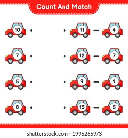 Count and match, count the number of Car and match with the right numbers. Educational children game, printable worksheet, vector illustration
