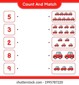 Count and match, count the number of Car and match with the right numbers. Educational children game, printable worksheet, vector illustration