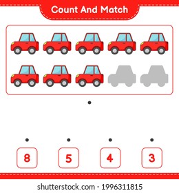 Contar y coincidir, contar el número de coche y coincidir con los números correctos. Juego infantil educativo, hoja de cálculo imprimible, ilustración vectorial