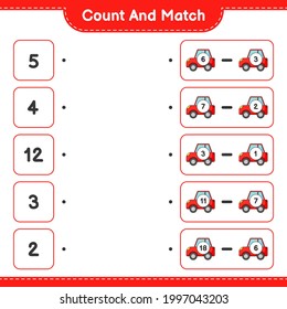 Contar y coincidir, contar el número de coche y coincidir con los números correctos. Juego infantil educativo, hoja de cálculo imprimible, ilustración vectorial