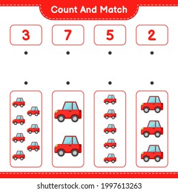 Contar y coincidir, contar el número de coche y coincidir con los números correctos. Juego infantil educativo, hoja de cálculo imprimible, ilustración vectorial