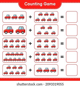 Contar y coincidir, contar el número de coche y coincidir con los números correctos. Juego infantil educativo, hoja de cálculo imprimible, ilustración vectorial