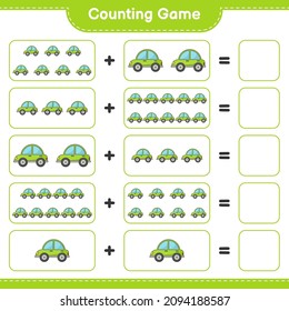 Contar y coincidir, contar el número de coche y coincidir con los números correctos. Juego infantil educativo, hoja de cálculo imprimible, ilustración vectorial