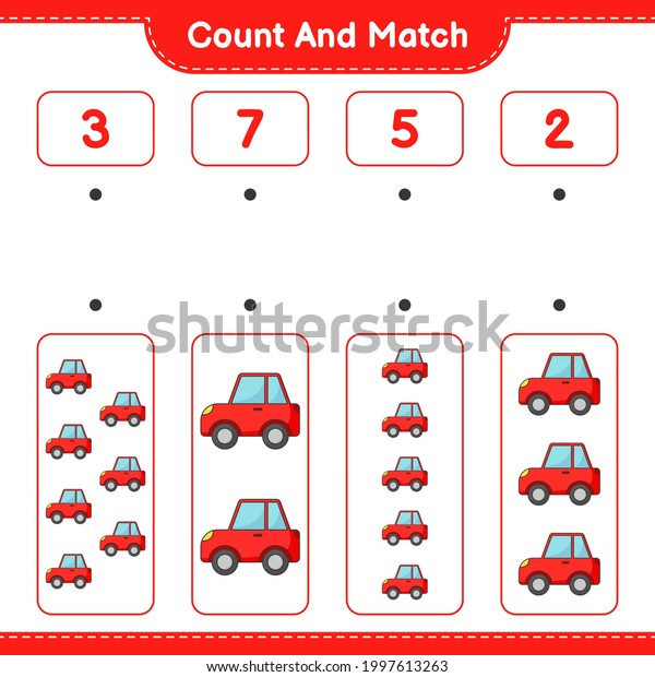 Count and match, count the number of Car and\
match with the right numbers. Educational children game, printable\
worksheet, vector\
illustration