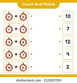 Count and match, count the number of Christmas Ball and match with the right numbers. Educational children game, printable worksheet, vector illustration