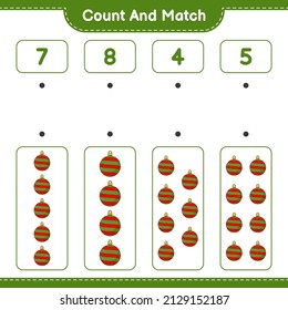 Contar y hacer coincidir, contar el número de la bola de Navidad y coincidir con los números correctos. Juego infantil educativo, hoja de cálculo imprimible, ilustración vectorial