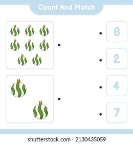 Count and match, count the number of Christmas Ball and match with the right numbers. Educational children game, printable worksheet, vector illustration