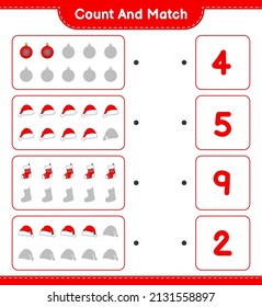 Count and match, count the number of Christmas Ball, Santa Hat, Christmas Sock and match with the right numbers. Educational children game, printable worksheet, vector illustration