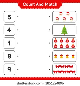 Count and match, count the number of Christmas Decoration and match with right numbers. Educational children game, printable worksheet, vector illustration