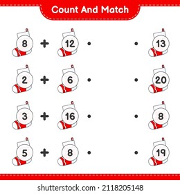 Contar y hacer coincidir, contar el número de la prueba de Navidad y coincidir con los números correctos. Juego infantil educativo, hoja de cálculo imprimible, ilustración vectorial