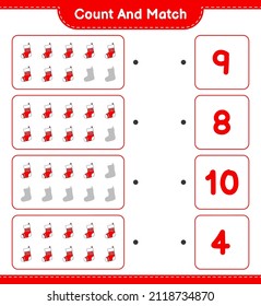 Count and match, count the number of Christmas Sock and match with the right numbers. Educational children game, printable worksheet, vector illustration
