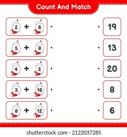 Count and match, count the number of Christmas Sock and match with the right numbers. Educational children game, printable worksheet, vector illustration