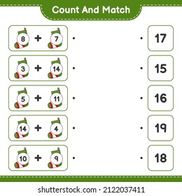 Count and match, count the number of Christmas Sock and match with the right numbers. Educational children game, printable worksheet, vector illustration