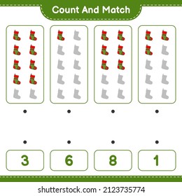 Count and match, count the number of Christmas Sock and match with the right numbers. Educational children game, printable worksheet, vector illustration