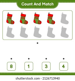 Count and match, count the number of Christmas Sock and match with the right numbers. Educational children game, printable worksheet, vector illustration