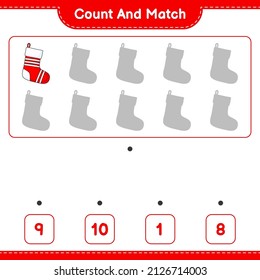 Count and match, count the number of Christmas Sock and match with the right numbers. Educational children game, printable worksheet, vector illustration