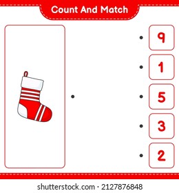 Count and match, count the number of Christmas Sock and match with the right numbers. Educational children game, printable worksheet, vector illustration