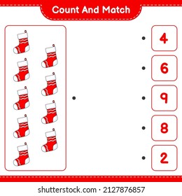 Count and match, count the number of Christmas Sock and match with the right numbers. Educational children game, printable worksheet, vector illustration
