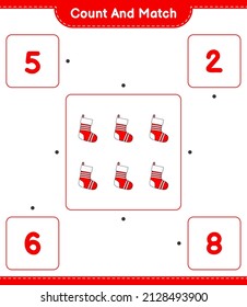 Count and match, count the number of Christmas Sock and match with the right numbers. Educational children game, printable worksheet, vector illustration