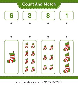 Count and match, count the number of Christmas Sock and match with the right numbers. Educational children game, printable worksheet, vector illustration