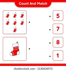 Count and match, count the number of Christmas Sock and match with the right numbers. Educational children game, printable worksheet, vector illustration