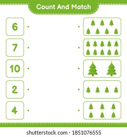 Count and match, count the number of Christmas Tree and match with right numbers. Educational children game, printable worksheet, vector illustration