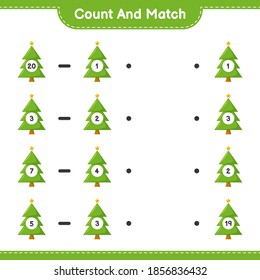 Count and match, count the number of Christmas Tree and match with right numbers. Educational children game, printable worksheet, vector illustration