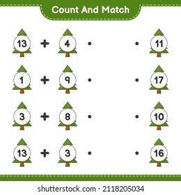 Contar y hacer coincidir, contar el número del árbol de Navidad y coincidir con los números correctos. Juego infantil educativo, hoja de cálculo imprimible, ilustración vectorial