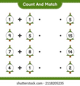Count and match, count the number of Christmas Tree and match with the right numbers. Educational children game, printable worksheet, vector illustration
