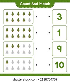 Count and match, count the number of Christmas Tree and match with the right numbers. Educational children game, printable worksheet, vector illustration