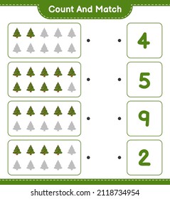 Count and match, count the number of Christmas Tree and match with the right numbers. Educational children game, printable worksheet, vector illustration