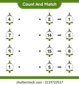 Count and match, count the number of Christmas Tree and match with the right numbers. Educational children game, printable worksheet, vector illustration