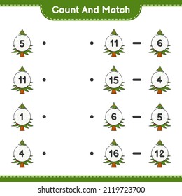 Contar y hacer coincidir, contar el número del árbol de Navidad y coincidir con los números correctos. Juego infantil educativo, hoja de cálculo imprimible, ilustración vectorial