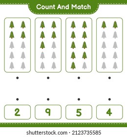 Count and match, count the number of Christmas Tree and match with the right numbers. Educational children game, printable worksheet, vector illustration