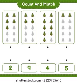 Contar y hacer coincidir, contar el número del árbol de Navidad y coincidir con los números correctos. Juego infantil educativo, hoja de cálculo imprimible, ilustración vectorial