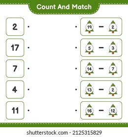 Contar y hacer coincidir, contar el número del árbol de Navidad y coincidir con los números correctos. Juego infantil educativo, hoja de cálculo imprimible, ilustración vectorial