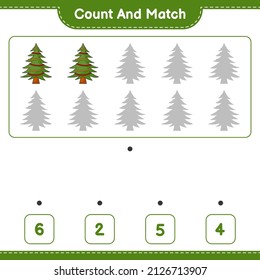 Count and match, count the number of Christmas Tree and match with the right numbers. Educational children game, printable worksheet, vector illustration