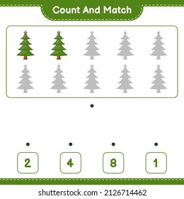 Count and match, count the number of Christmas Tree and match with the right numbers. Educational children game, printable worksheet, vector illustration