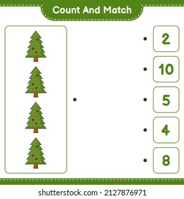 Count and match, count the number of Christmas Tree and match with the right numbers. Educational children game, printable worksheet, vector illustration