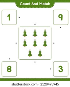 Count and match, count the number of Christmas Tree and match with the right numbers. Educational children game, printable worksheet, vector illustration